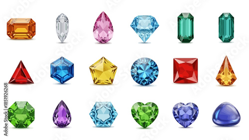 Collection of colorful gemstones and diamonds of different shapes in realistic vector