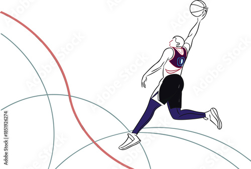 Vector illustration of a woman basketball player silhouette jumping in action on the court for a fun sport activity