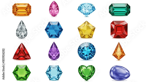 Collection of brilliantly cut colorful gemstones isolated on a bright white backdrop