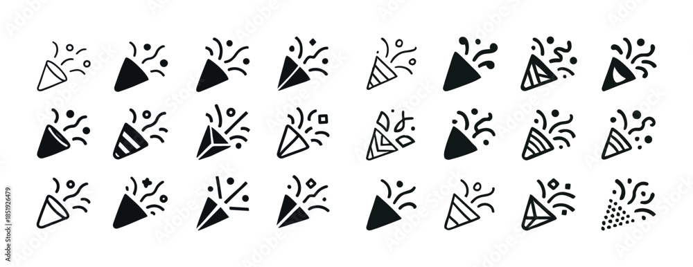 Naklejka premium Set of celebration cone icons with confetti in various styles