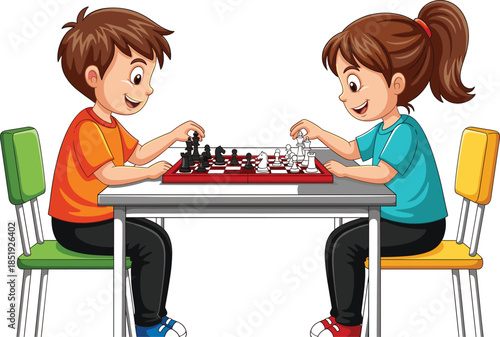 Boy and girl playing chess together at a table in a cartoon style for educational hobby and youth intellectual development concepts