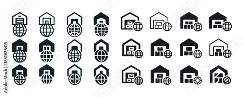 Set of black globe and house icons representing global home conn