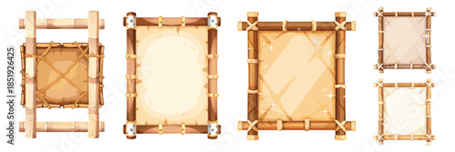 Cute cartoon bamboo frames with wooden boards and parchment paper, tribal jungle style, soft shading, 2D digital illustration, casual game art.
