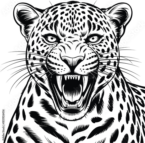 Aggressive Black and White Vector Graphic Illustration of a Roaring Leopard Head with Sharp Teeth