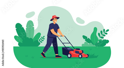 A happy man in a hat diligently pushing a red lawnmower across a lush green lawn, enjoying the outdoor activity of maintaining his garden.