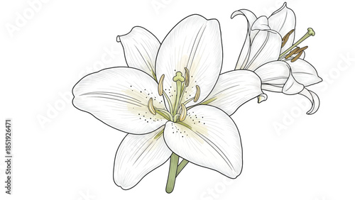 Delicate white lilies bloom with elegant petals and subtle shading, symbolizing purity and beauty.