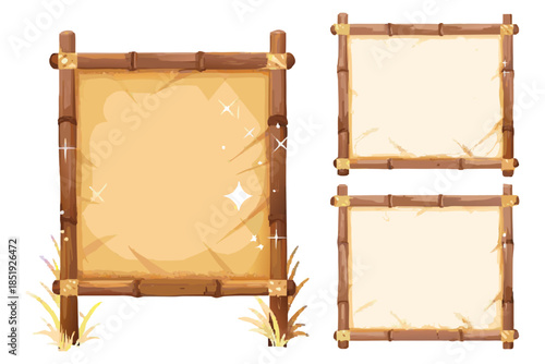 Fantasy jungle notice boards, bamboo structure, wooden planks and parchment texture, decorative grass, simple vector art style