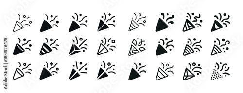 Set of celebration cone icons with confetti in various styles