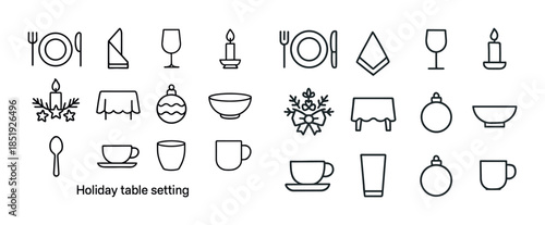 Minimalist holiday table icons: crockery, glassware, decorations