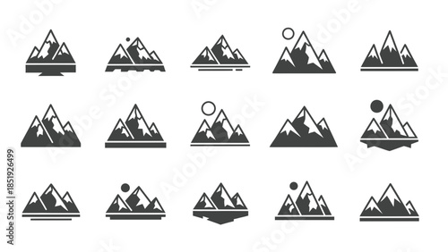 Collection of Minimalist Mountain Range Icons for Outdoor Adventure and Travel Theme