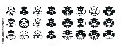 Graduation cap and diploma icons set in various styles