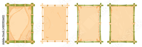 Green bamboo frame with parchment center, rope-tied corners, cartoon vector