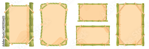 Green bamboo signboards with rope bindings, soft shading, vector illustration