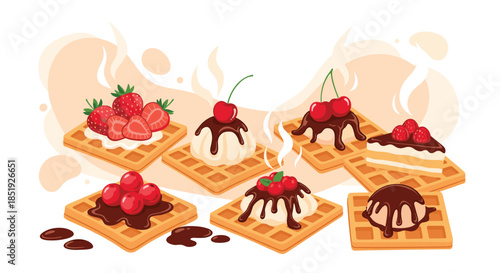A delightful assortment of hot, freshly made waffles topped with various delicious fruits like strawberries and cherries, and rich chocolate sauce and ice cream.