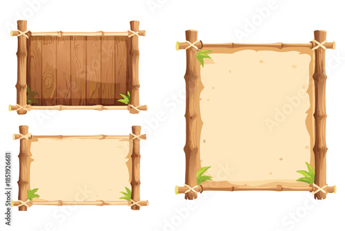Hand-drawn bamboo frames with wooden panels and parchment paper, jungle aesthetic, rope bindings on corners, bright colors, 2D vector art, mobile game interface elements.