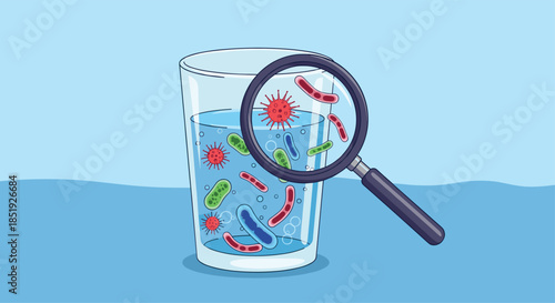 A magnifying glass revealing various bacteria and viruses teeming within a glass of water, illustrating contamination and the need for water purification.