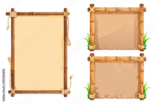 Jungle-themed UI panels made of bamboo and wood, rope knots on corners, grass sprouting around edges, colorful cartoon vector style, clean and minimal background