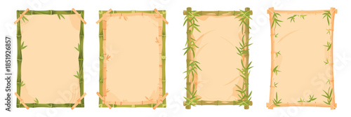 Nature-themed bamboo borders holding parchment sheets, flat design