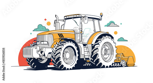 A powerful and modern tractor, equipped with agricultural machinery, illustrated with abstract colorful shapes in the background, symbolizing advanced farming.