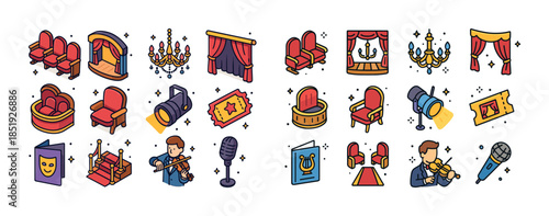 Theater icons: stage, spotlight, audience, curtains, chandelier