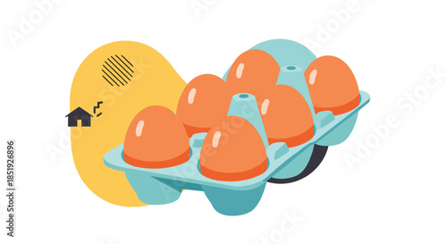 A light blue carton filled with six fresh brown eggs, presented against an abstract yellow background with a house icon, symbolizing home and food.