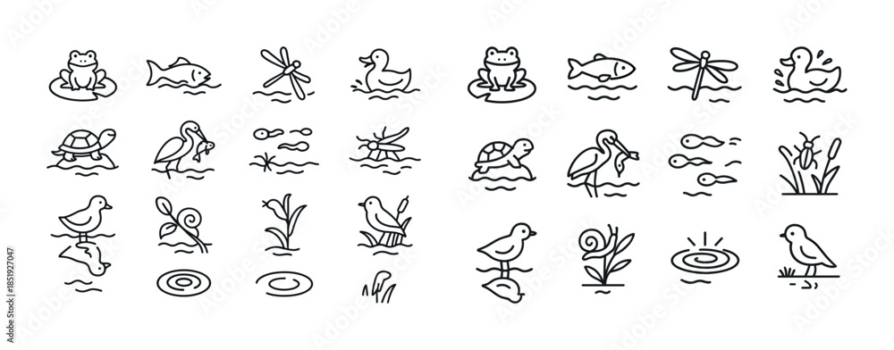 Obraz premium Line drawing collection of pond animals and plants