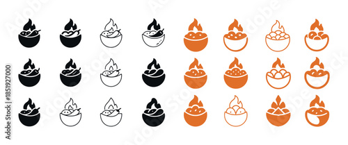 Chili bowl icons in black and orange variations with flame desig