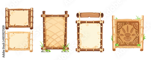 Whimsical jungle signboards made from bamboo and wood, parchment panel, grassy details, clean cartoon vector illustration for mobile game interface.