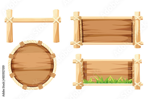 Wooden sign with bamboo frame, rope corners, grass accents, 2D illustration