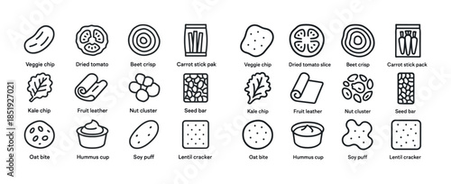 Assorted snack icons: veggie chips, dried fruits, seeds, and mor