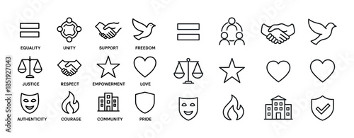 Equality and unity icons featuring justice, support, and freedom