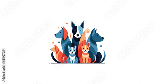 A vibrant and abstract illustration of a diverse group of dogs, featuring various breeds and sizes in a modern, geometric, and colorful design.