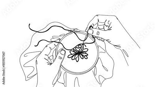 Hands embroidering colorful flower design with thread and hoop