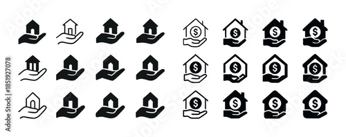 Set of real estate icons: hands holding houses and dollar signs