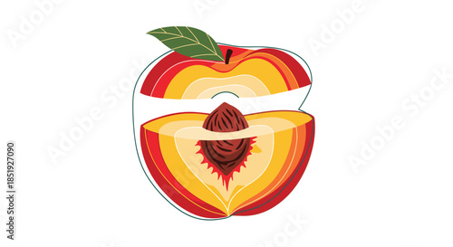 A beautifully sliced peach, revealing its intricate layers of vibrant color and a central pit, rendered in a striking abstract and modern artistic style.