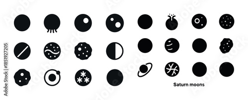 Icon set representing moons of saturn in simplified black and wh