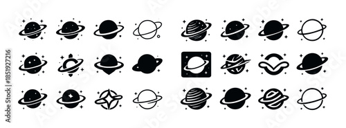 Collection of planet icon variations in black and white with sta