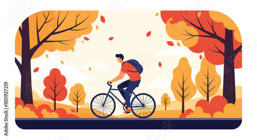 A cheerful man cycling through a picturesque autumn park, surrounded by vibrant red and orange trees, enjoying the serene outdoor environment and fresh air.