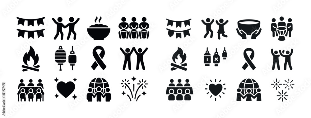 Naklejka premium Celebration icon set featuring people, food, and festivities