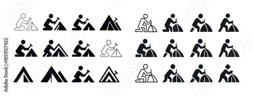 Camping icons set: simple black and white tent and hiker pictogr
