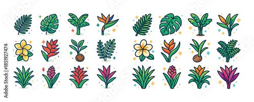 Colorful collection of tropical plants and flowers with various