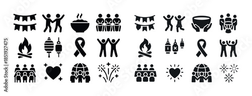 Celebration icon set featuring people, food, and festivities