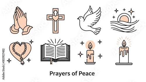 Collection of peaceful religious symbols including praying hands, cross, dove, rosary, and candles.