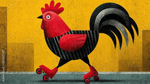 Cartoon rooster with roller skates against a yellow city background.