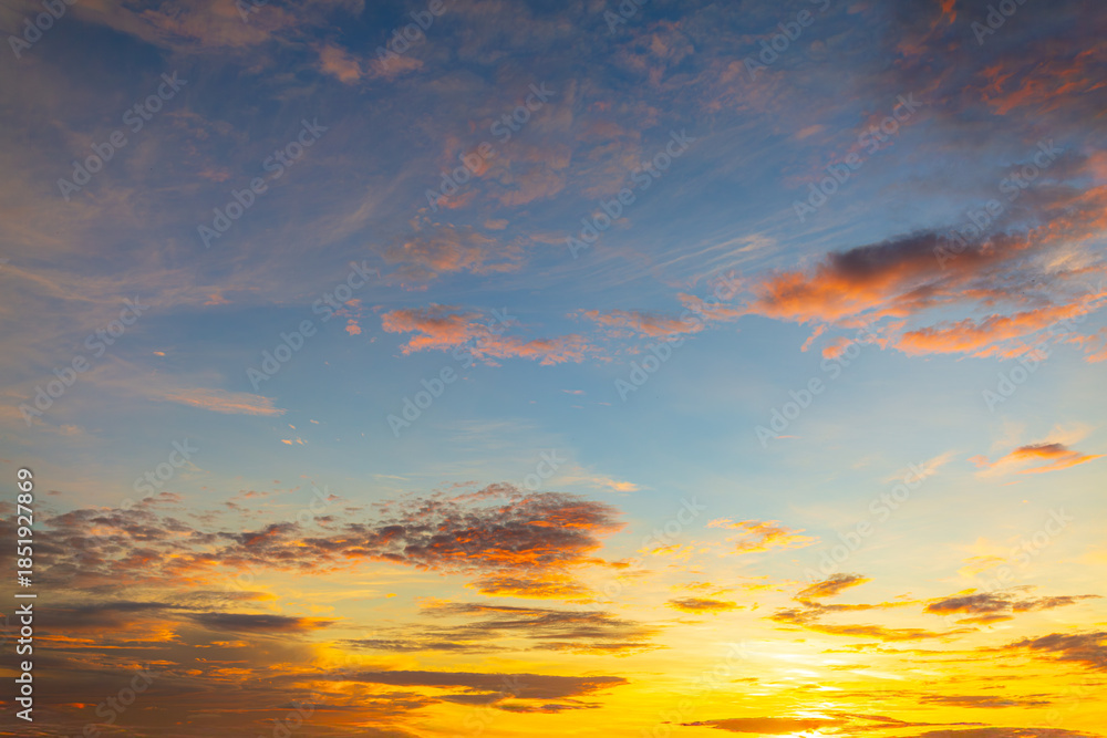 Fototapeta premium Majestic real sunrise sundown sky background with gentle colorful cloud,Colorful clouds and sky in the morning,Real majestic sunrise sundown sky background with gentle colorful clouds without birds.