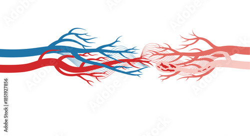 A stylized illustration of human arteries and veins, depicting the intricate network of the circulatory system with fluid lines and abstract elements, symbolizing health.
