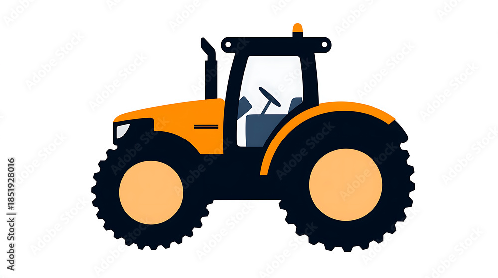 Naklejka premium A robust tractor depicted in a flat design. Its bold silhouette and contrasting colors of orange and black, suggest its utility in the agricultural sector. Isolated on white.