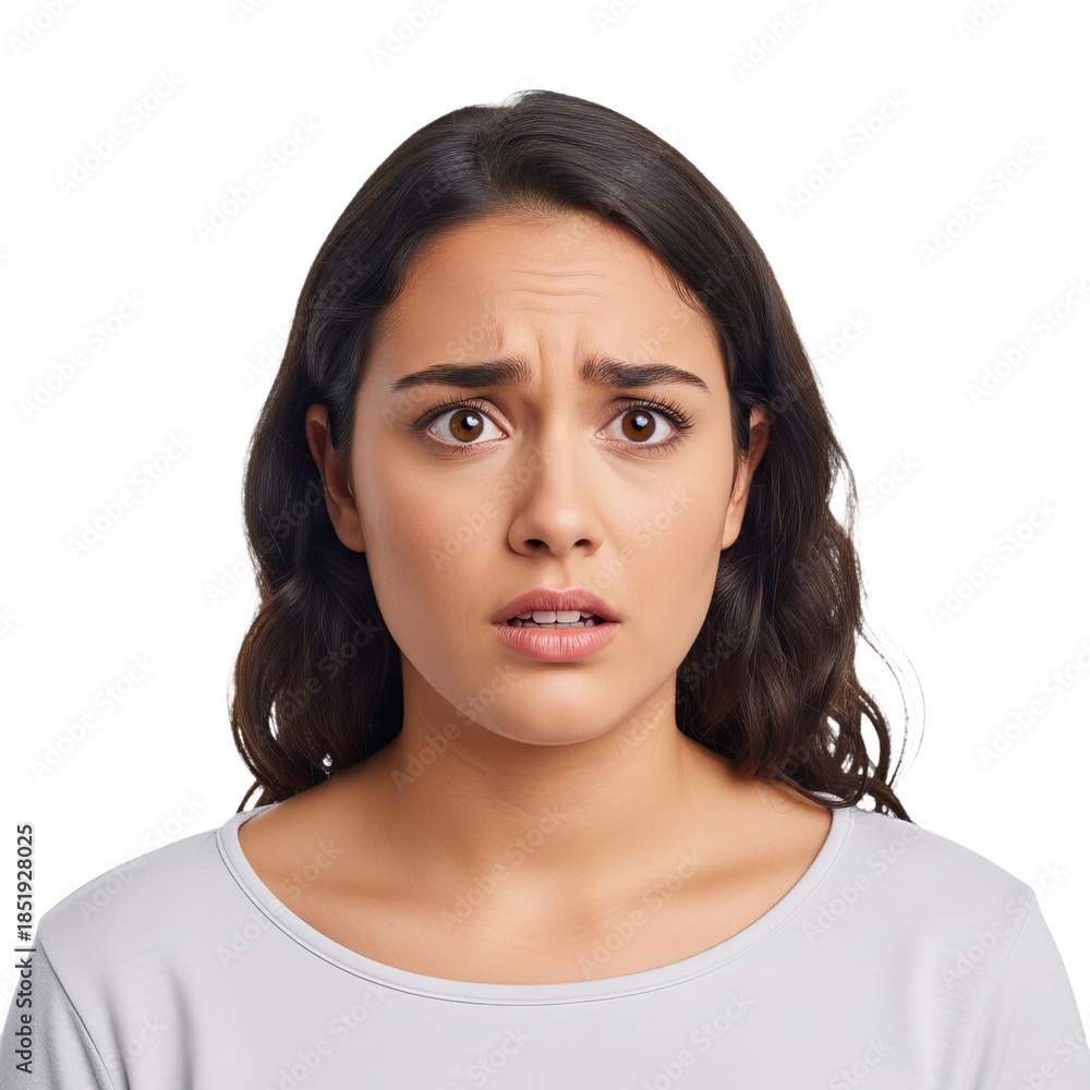 Fototapeta premium A young woman wearing a gray sweatshirt looks puzzled and is holding her face with her hand, suggesting confusion or disbelief.