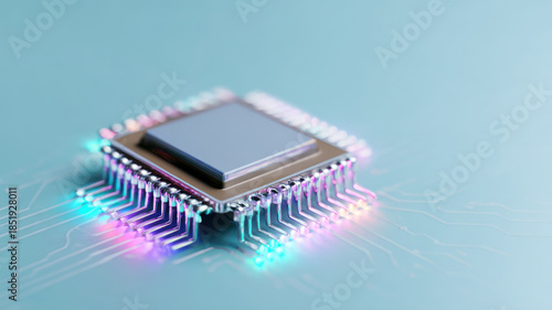 Close-up view of a computer chip with colorful details and circuitry