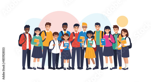 A diverse and happy group of elementary school children or students of various ethnicities standing together, holding books and bags.